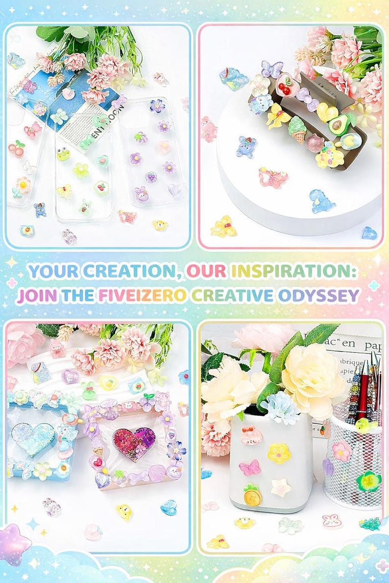 May include: A collage of colorful craft supplies and decorative elements. The image includes phone cases adorned with various charms, decorative frames, and a vase with floral arrangements. Text reads: "YOUR CREATION, OUR INSPIRATION: JOIN THE FIVEIZERO CREATIVE ODYSSEY."
