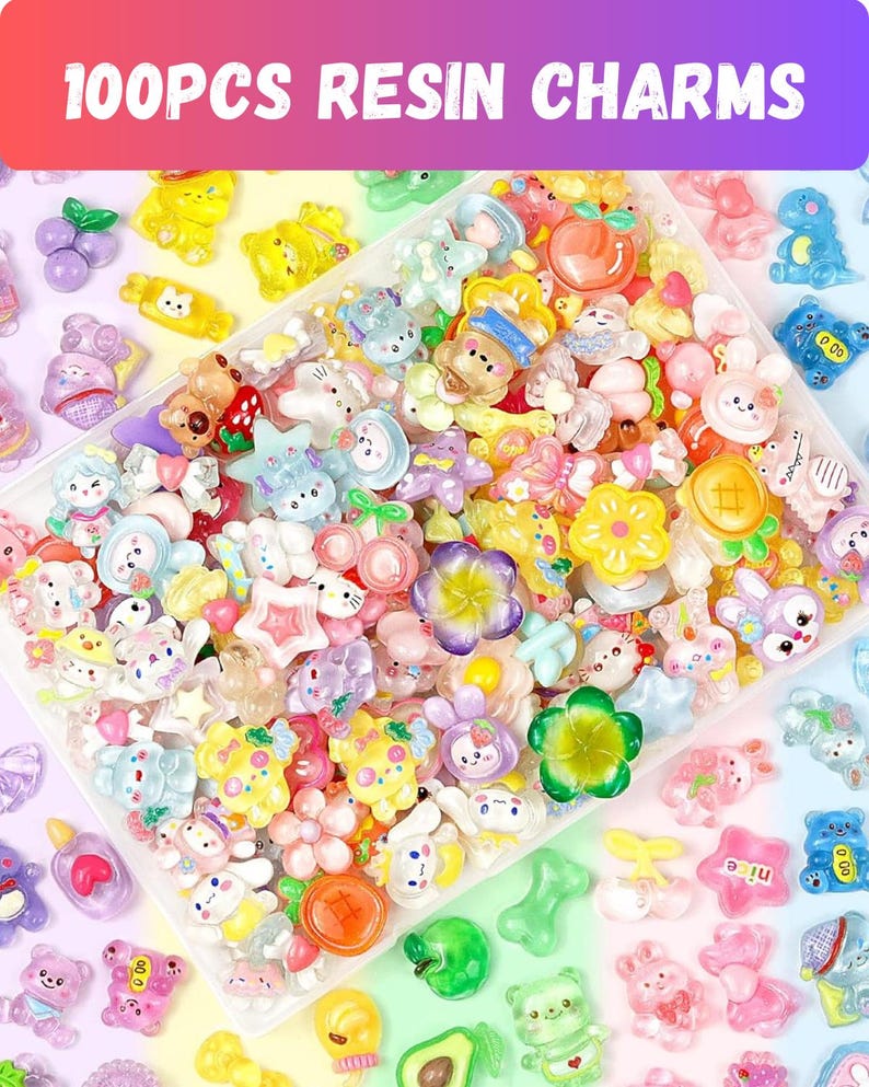 May include: A collection of colorful resin charms in various shapes, including flowers, animals, and fruits. The charms are in a clear plastic container, with the text "100PCS RESIN CHARMS" at the top. The charms are in shades of pink, yellow, blue, and green.