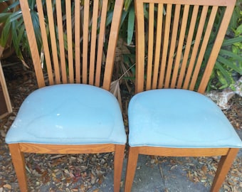 Stanley Furniture Oak Dining Chairs - Light Blue Upholstery (Set of 2)