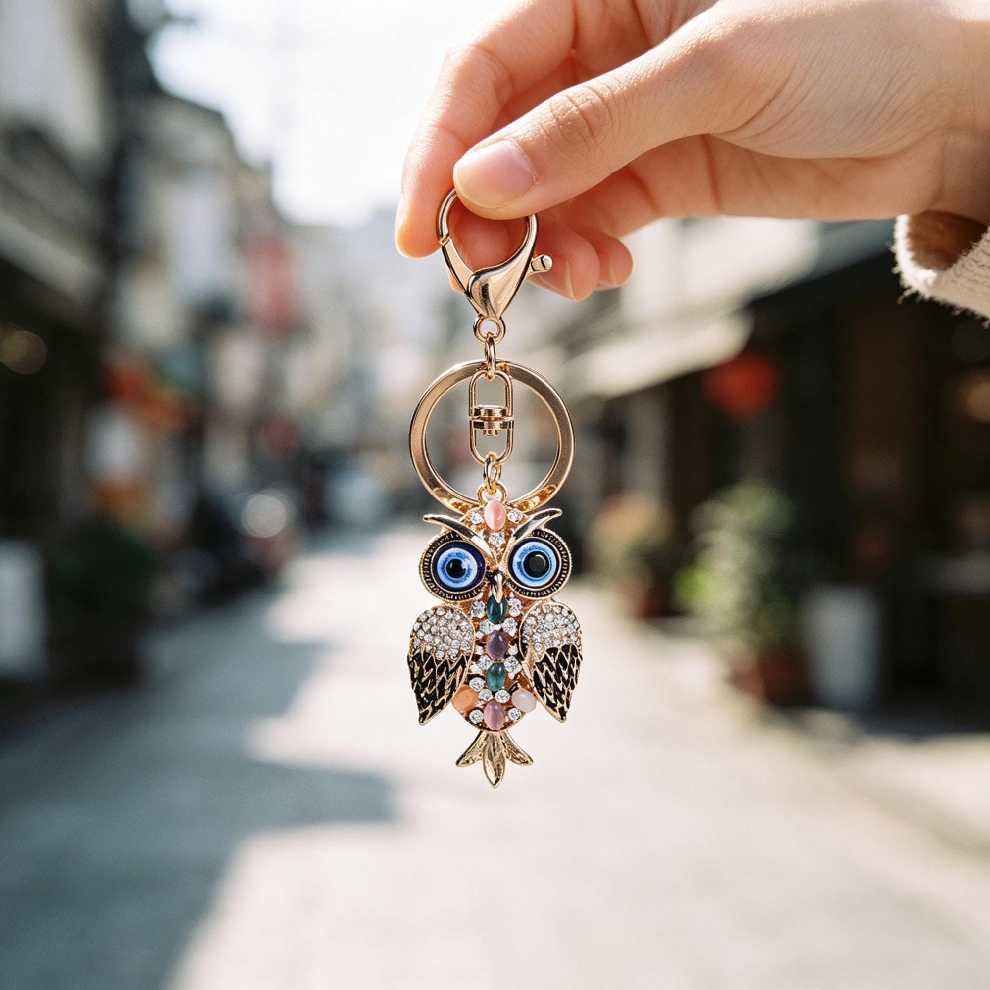 Gold-Tone Owl Keychain | Rhinestone Evil Eye Bag Charm, Crystal Amulet Pendant