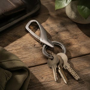 May include: A gunmetal grey metal carabiner keyring featuring a spring-loaded gate mechanism. The carabiner is attached to a circular split ring that holds three silver-toned metal keys with distinct serrated edges and cylindrical shafts.