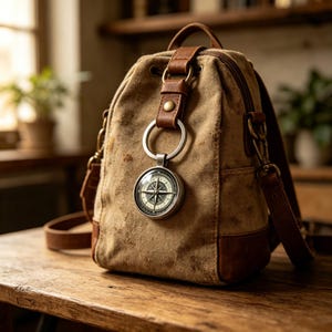 Peut inclure: Un sac à dos en toile beige avec des détails et des sangles en cuir marron. Un porte-clés boussole argenté est suspendu à la poignée supérieure. La boussole a un cadran noir et blanc. Le sac a une fermeture à cordon et une poche zippée.