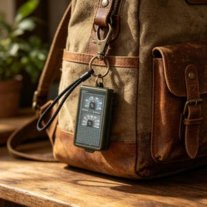 May include: A rectangular olive green digital device with a black grid pattern display showing humidity and temperature readings, attached to a bronze-colored metal lobster clasp and a black cord, hanging from a brown canvas and leather backpack.