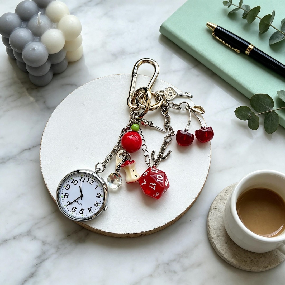 Quirky Clock Keychain, Cherries Dice Bag Charm, Maximalist Purse ...