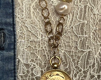 Gold chain necklace with medallion, 18k gold fill, reproduction coin, freshwater pearl, 32"