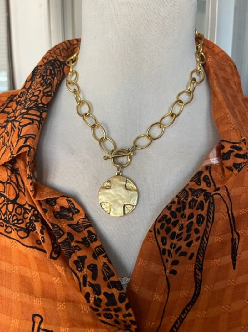 Gold chain link necklace with Medallion, 18K plated over brass image 2