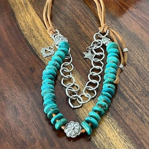 Gemstone necklace with sterling silver charms made with leather