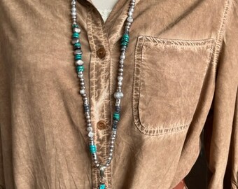 Turquoise and Sterling Silver Cross, turquoise, freshwater pearls, and ethiopian opal beads.