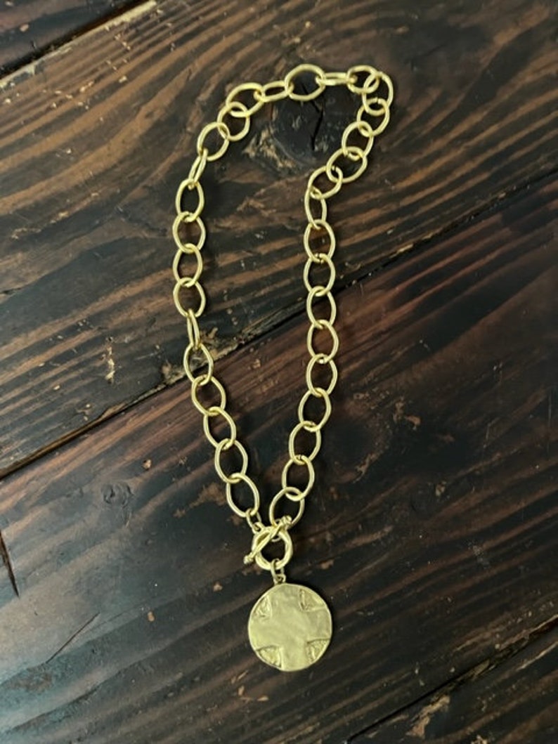 Gold chain link necklace with Medallion, 18K plated over brass image 4