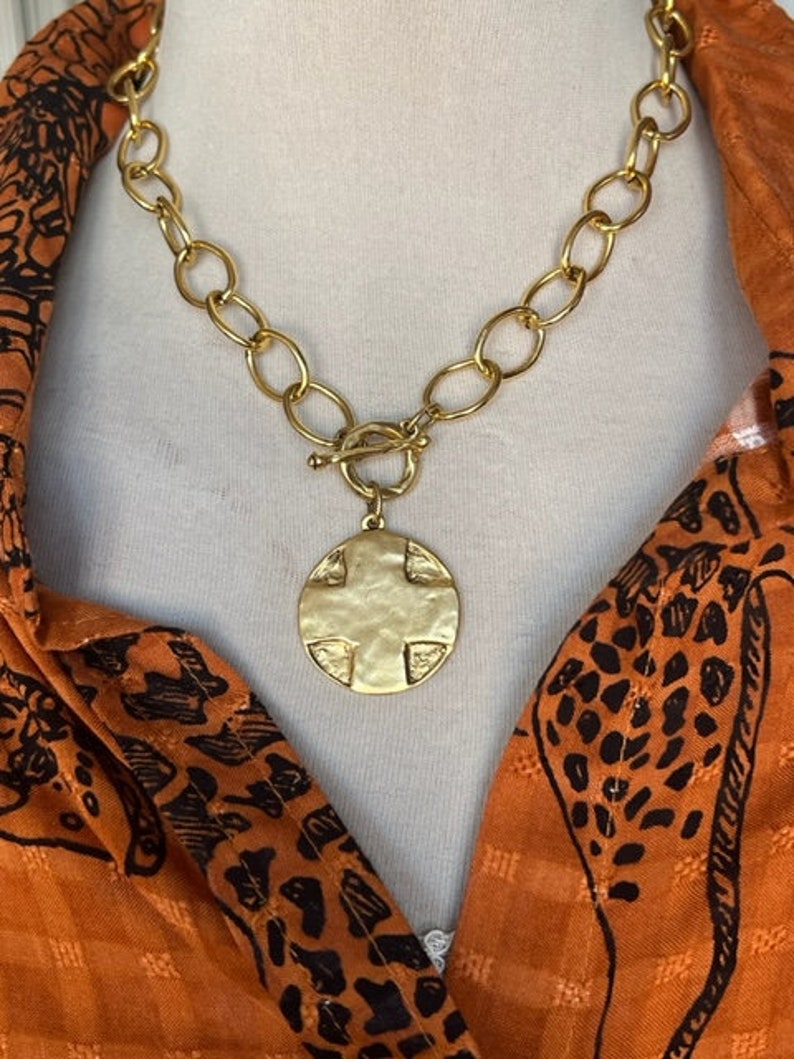 Gold chain link necklace with Medallion, 18K plated over brass image 3