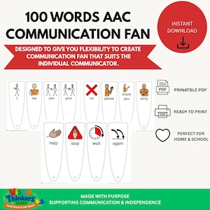 Può includere: Un ventaglio di comunicazione AAC da 100 parole in PDF stampabile con schede bianche a forma di ventaglio che presentano disegni a linee nere ed etichette di testo per parole come I, me, you, your, no, please, thank you, sorry, help, stop, wait, again.