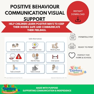 Op de afbeelding: Een printbare visuele ondersteuningskaart getiteld Positive Behaviour Communication Visual Support. Het bevat negen iconen met tekstlabels zoals Gentle hands, Use a calm voice, Walking feet, Say stop, Ask for help, Give space, Take a breath, Take a break en Listen. Het ontwerp bevat rode banners en iconen voor PDF en printer.