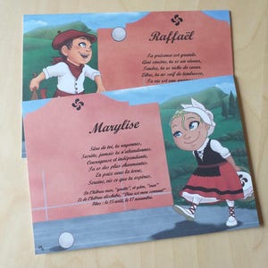 Puede incluir: Dos tarjetas ilustradas con personajes de dibujos animados con vestimenta tradicional vasca. Una tarjeta presenta a un niño con boina y hacha, la otra a una niña con falda roja. El texto incluye nombres y frases.