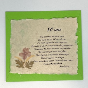 Biglietto d'auguri per l'80° compleanno con poesia, su carta Antemoro, 10x12 cm.