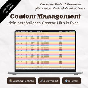 Könnte beinhalten: Ein Laptop-Bildschirm zeigt eine Tabelle mit farbcodierten Zeilen und Spalten. Der Bildschirm zeigt den Text "Content Management" und "dein persönliches Creator-Hirn in Excel". Darunter befinden sich drei Symbole mit dem Text "Skripte & Captions", "alles verlinkt" und "KI-ready".