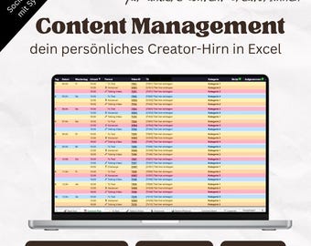 May include: A laptop screen showing a spreadsheet with colour-coded rows and columns. The screen displays the text "Content Management" and "dein persönliches Creator-Hirn in Excel". Below the laptop are three icons with the text "Skripte & Captions", "alles verlinkt", and "KI-ready".