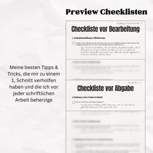 May include: A digital checklist titled "Preview Checklisten" with German text. The checklist is divided into sections for pre-editing and submission, with handwritten notes and tips. The image includes the text "Meine besten Tipps & Tricks, die mir zu einem 1, Schnitt verholfen haben und die ich vor jeder schriftlichen Arbeit beherzige."