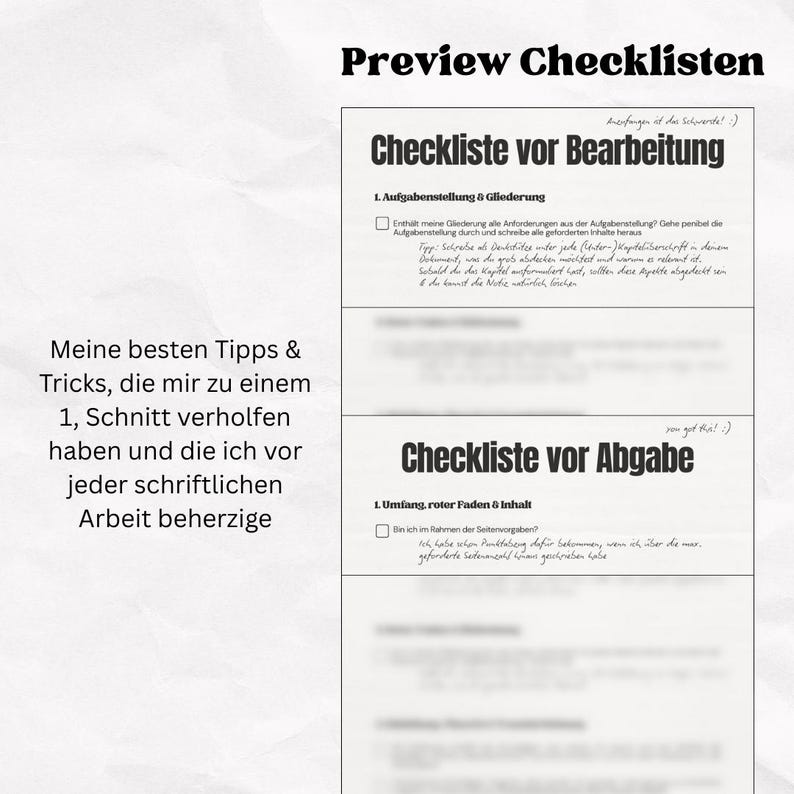 May include: A digital checklist titled "Preview Checklisten" with German text. The checklist is divided into sections for pre-editing and submission, with handwritten notes and tips. The image includes the text "Meine besten Tipps & Tricks, die mir zu einem 1, Schnitt verholfen haben und die ich vor jeder schriftlichen Arbeit beherzige."