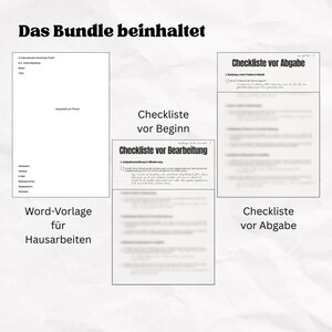 May include: A collection of documents, including a Word template for coursework, and checklists for starting, working on, and submitting assignments. The text "Das Bundle beinhaltet" is at the top.