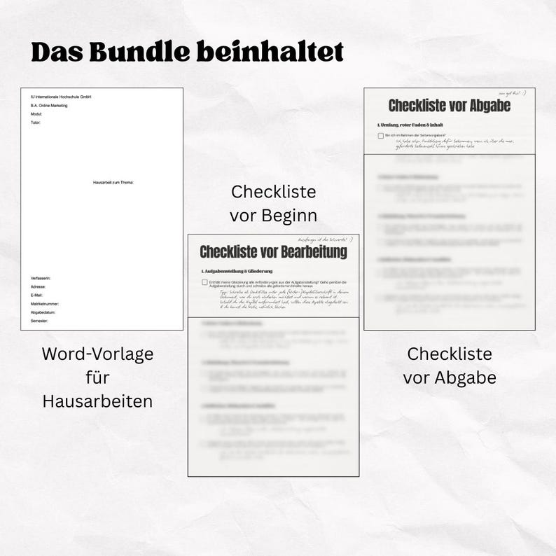 May include: A collection of documents, including a Word template for coursework, and checklists for starting, working on, and submitting assignments. The text "Das Bundle beinhaltet" is at the top.