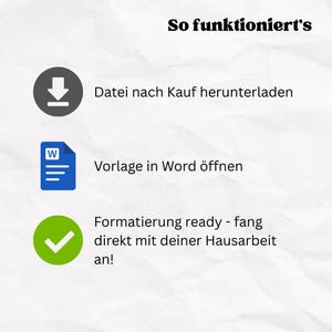 May include: An image with German text and instructions. The steps are represented by icons: a download symbol, a Word document, and a checkmark. The text reads "So funktioniert's", followed by instructions on downloading, opening a template, and starting work.