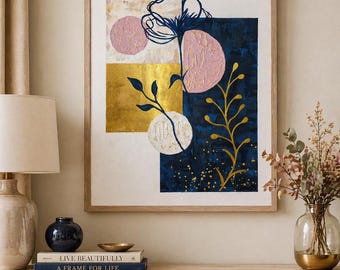 Textured Botanical Art – Navy Gold Abstract Mixed Media Painting (A3 Canvas Board)