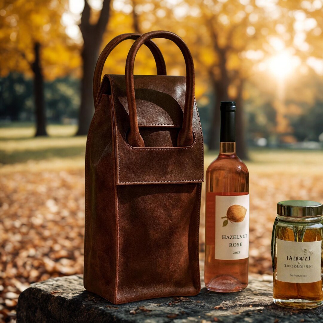 Handcrafted Full-grain Leather Wine Carrier Bag, Rustic Brown Tote (2 ...