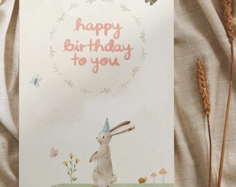 Editable | Birthday Card | Bunny | Nature | Pastel | Simple | Butterfy Flower