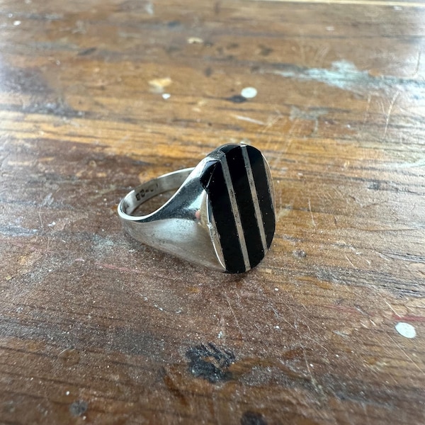 Vintage Black Onyx Striped Taxco Sterling Silver Signet Ring