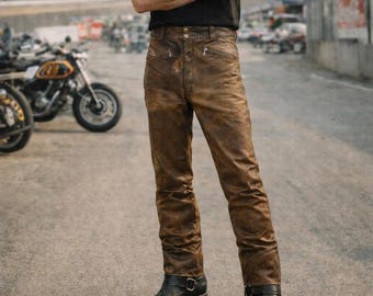 Vintage jaren 70 Harley Davidson gemarmerd vervaagde bruine leren motorbroek