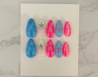 Almond Beach/Summer Press on Nails - Pink, Yellow, Blue Starfish/Flower/Beach Design