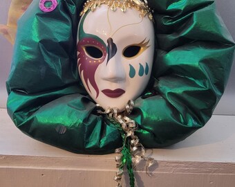 Vintage Anco Ceramic Harlequin Face Mask Wall Decor Hand Paint wGreen/Gold