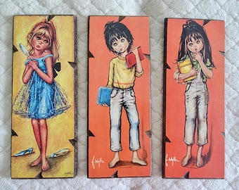 Set of 3 Vintage F. Idylle Big Eye Children Wooden Plaques – Mid-Century Italian Art