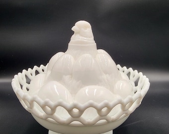 Antique Atterbury Milk Glass Chick on Egg Pile Covered Dish, Pat 1889