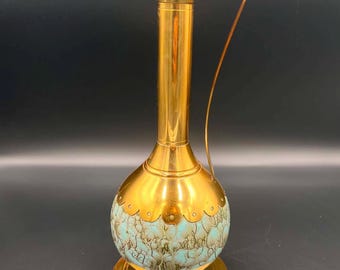 Vintage Delft MCM Vase – Holland Turquoise Floral Ewer with Brass