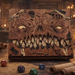 Peut inclure: Un livre en bois sculpté avec un design de visage de monstre. Le livre présente un aspect détaillé et texturé avec un visage en forme de crâne, des dents pointues et des yeux brillants. Des dés et une bougie allumée sont au premier plan, suggérant un thème de jeu de société.