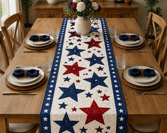Patriotic Star Table Runner, Red White Blue Quilted Runner, Americana Farmhouse Decor, Fourth of July Table Decor
