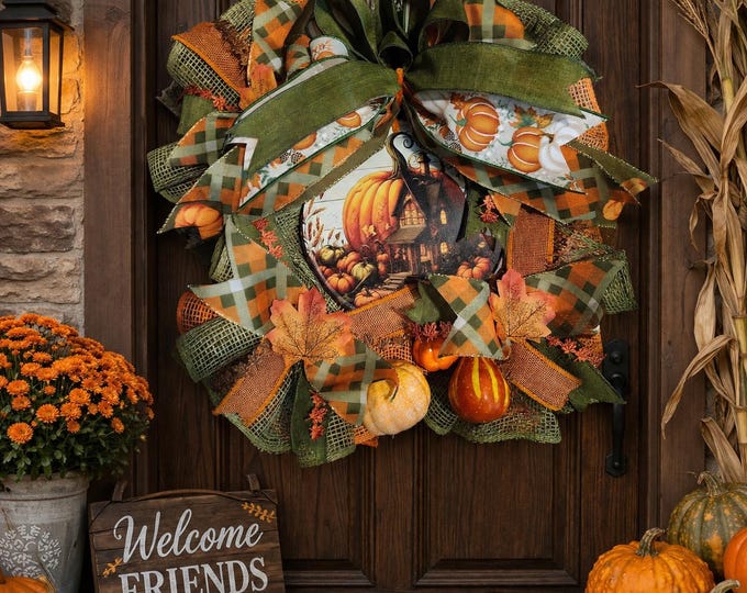 Featured listing image: Pumpkin home wreath fall colors orange brown and yellow door decor
