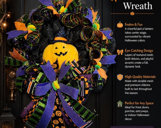 Featured listing image: Whimsical Jack-O'-Lantern Witch Hat Wreath: Halloween Door Decor Fall Decor
