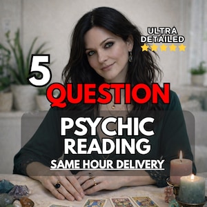 May include: An image featuring a woman with dark hair, with text overlayed that reads "5 QUESTION PSYCHIC READING SAME HOUR DELIVERY". The words are in white and red. The image also includes a "ULTRA DETAILED" banner with stars and lit candles.