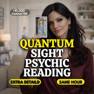 May include: An image promoting a psychic reading service. The text "QUANTUM SIGHT PSYCHIC READING" is prominently displayed in large, yellow letters. The image also includes the text "EXTRA DETAIL" and "SAME HOUR". A woman is holding a tarot card.