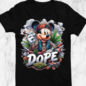 May include: Black t-shirt featuring a cartoon Mickey Mouse character with a red and green patterned hat, holding a lit cigarette. The word "DOPE" is displayed in white, with cannabis leaves and a small red car.