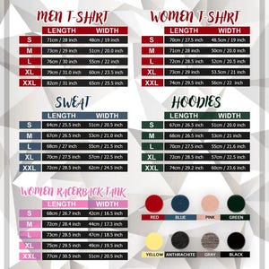 May include: A chart displaying size measurements for various apparel items, including men's and women's t-shirts, sweatshirts, hoodies, and racerback tanks. Measurements are provided in inches and centimeters, with color swatches at the bottom.