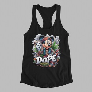 May include: Black racerback tank top featuring a cartoon illustration of Mickey Mouse holding a lit cigarette. The image includes cannabis leaves, a marijuana bud, and the word "DOPE" in white.