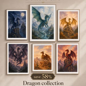 Könnte beinhalten: Ein digitales Kunstpaket mit 6 vertikalen Drucken, die verschiedene Drachen in Berg-, Wüsten- und Nachtlandschaften zeigen. Der Text lautet Bundle of 6, save 58%, Dragon collection, Instant Download, 300 DPI, 5 Formats. Jeder Druck ist gerahmt.