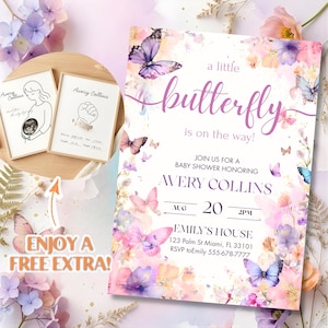 以下が含まれることがあります： 蝶をテーマにしたベビーシャワーの招待状。「a little butterfly is on the way!」というテキストと、Avery Collinsのベビーシャワーの詳細が記載されています。2つの額入りプリントも表示されています。