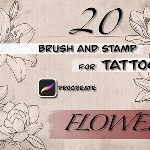May include: Digital art asset featuring floral illustrations for tattoo designs. The image includes the text "20 Brush and Stamp for Tattoo Flowers" and a Procreate app icon. The background has a textured, vintage paper aesthetic.