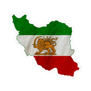May include: A sticker in the shape of Iran, featuring the country's flag. The flag design includes green at the top, white in the middle with a golden lion and sun emblem, and red at the bottom. The sticker has a distressed, vintage look.