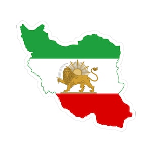 May include: A sticker in the shape of Iran, featuring the national flag design. The top section is green, the middle is white with a golden lion and sun emblem, and the bottom is red. The sticker has a white border.