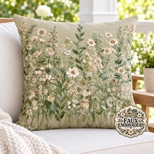 Può includere: Un cuscino quadrato color verde salvia con un intricato ricamo di vari fiori di campo nelle tonalità del bianco, crema e verde tenue. Un logo circolare nell'angolo in basso a destra mostra il testo FAUX EMBROIDERY con accenti floreali.